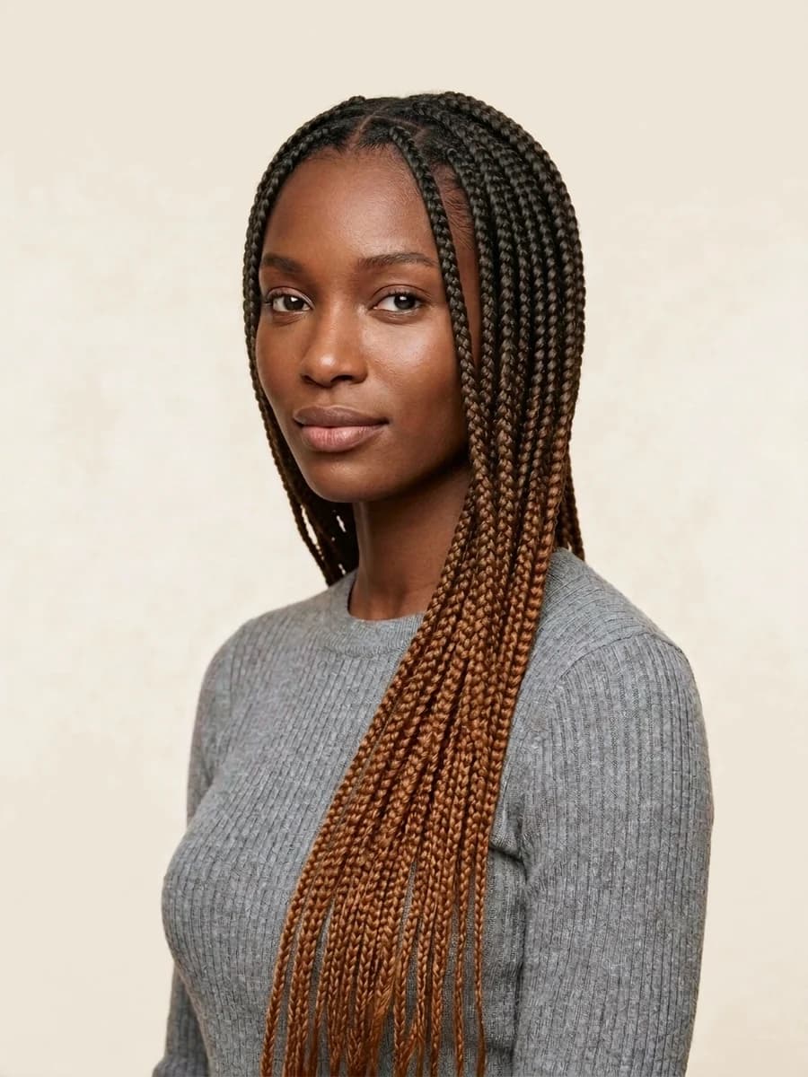 Box braids in T1B/30, off black at the root fading to auburn