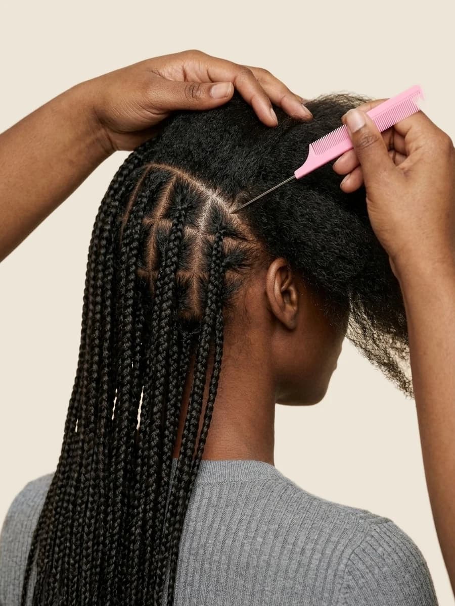 Hands parting square sections with a pink rat-tail comb beside finished knotless braids