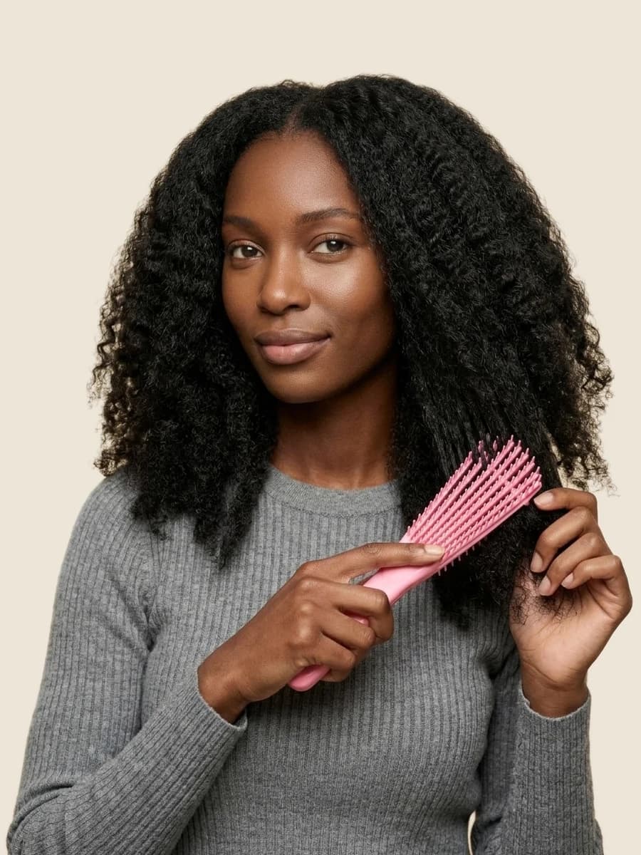 Woman detangling her own hair with a pink detangler brush after taking her braids out