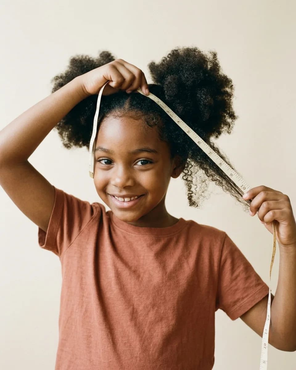 Girl with two puffs holding a tape measure along one stretched puff