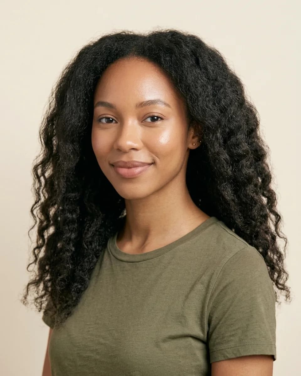 The same woman with her hair stretched, falling past her shoulders