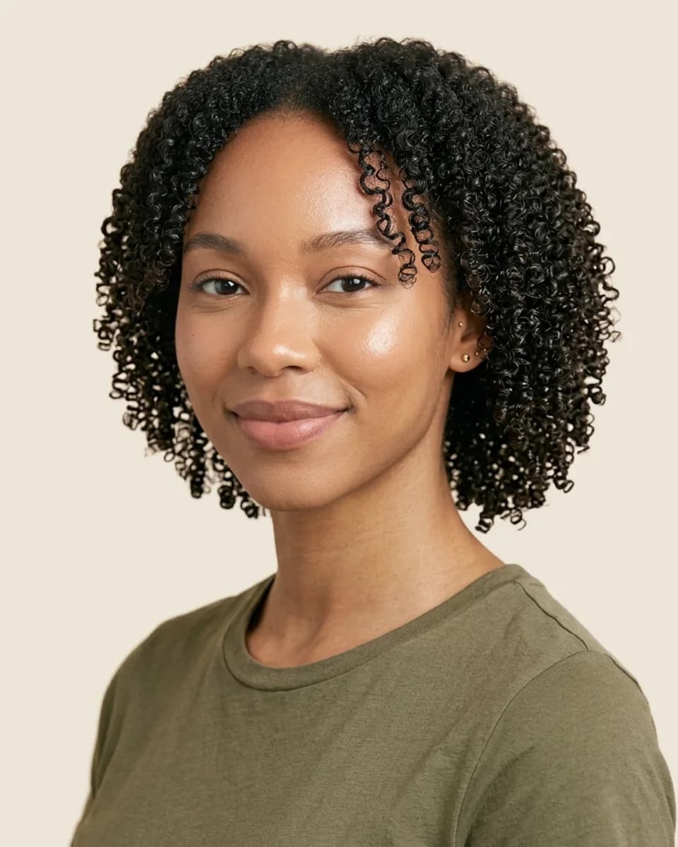 Woman with a fresh wash-and-go, coils shrunken to chin length