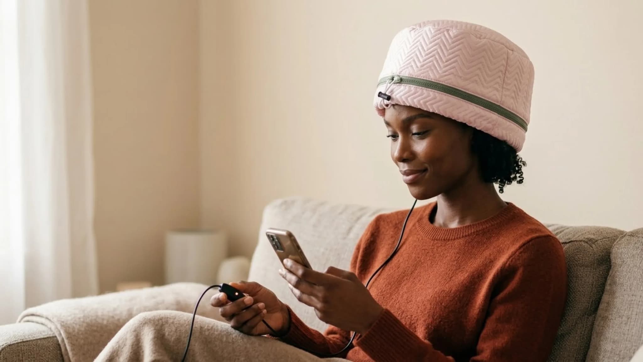 Woman in a pink heat cap on the sofa, looking at her phone while she deep conditions