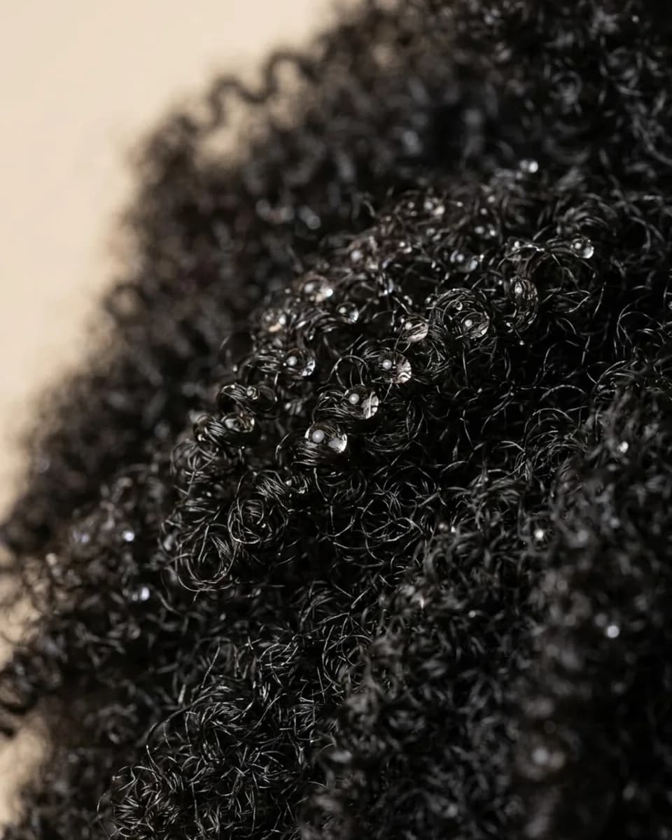 Close-up of coily hair with water droplets beading on the surface