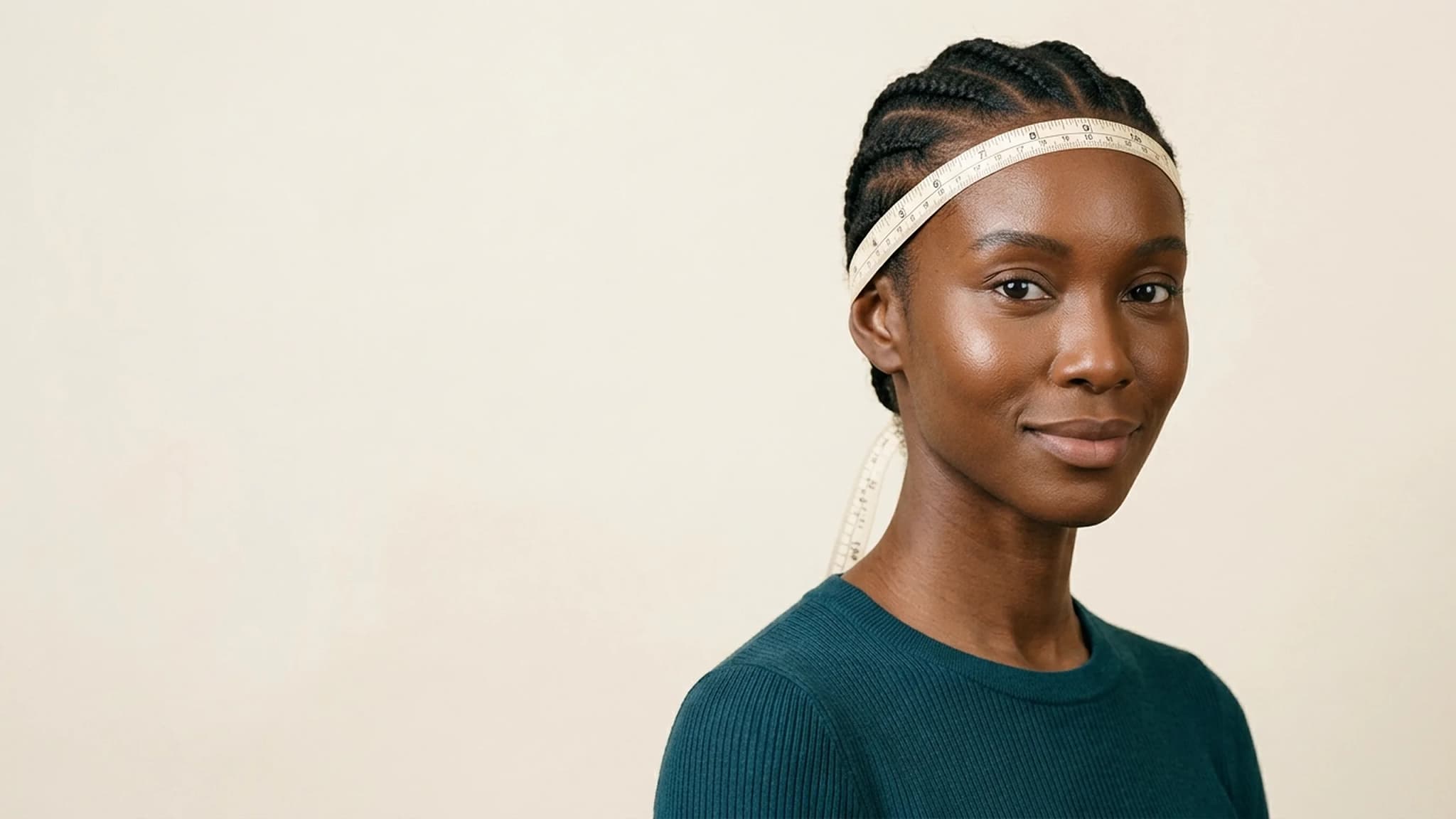 Woman with her hair braided straight back in cornrows and a cream tape measure round her hairline